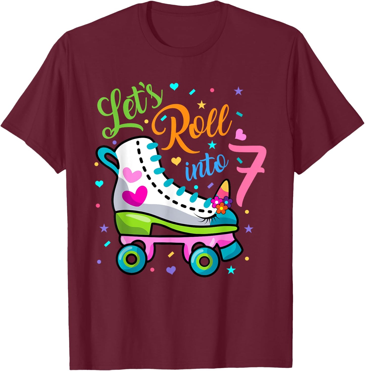 Let's Rolling Into 7 Years Old 7th Birthday Skating Unicorn T-Shirt - T-Shirt | Maroon