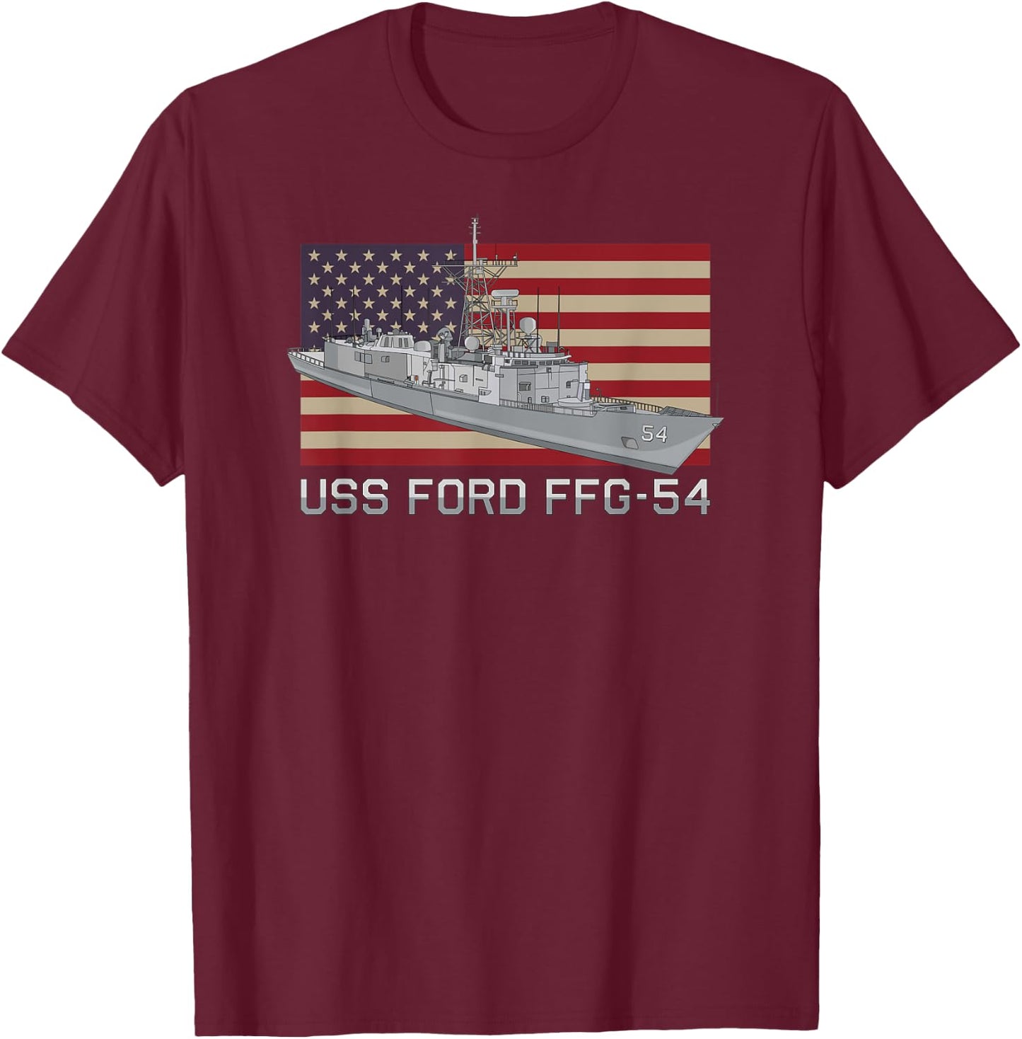 USS Ford FFG-54 Ship Diagram American Flag T-Shirt - T-Shirt | Maroon