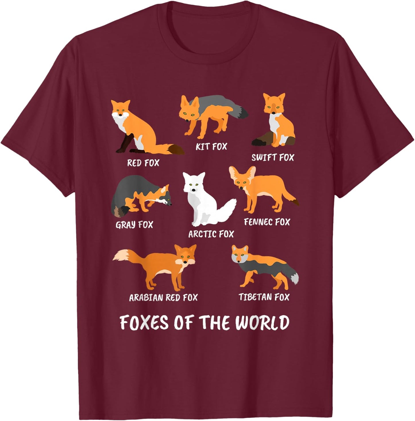 Foxes of the World Fox Lover T-Shirt - T-Shirt | Maroon