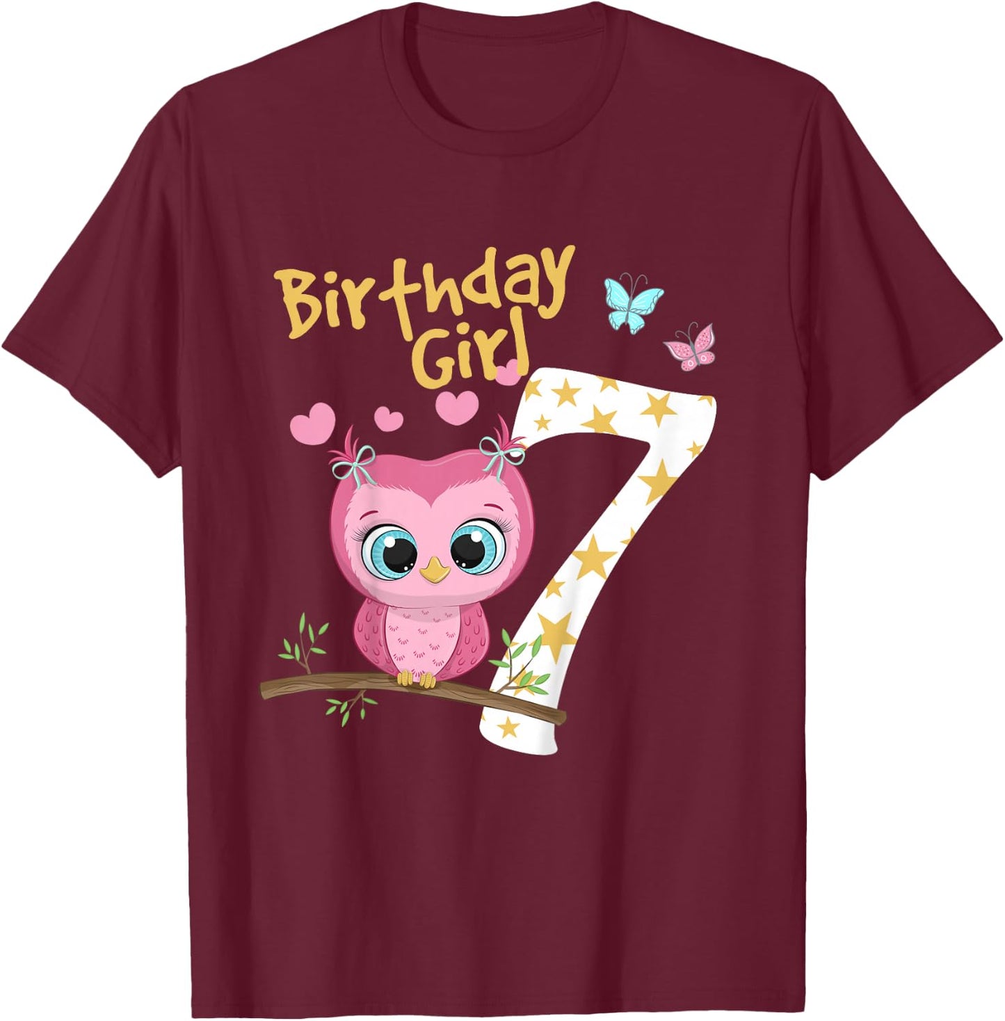 7th Birthday Shirt For Girls Owl Birthday Girl 7 Years T-Shirt - T-Shirt | Maroon
