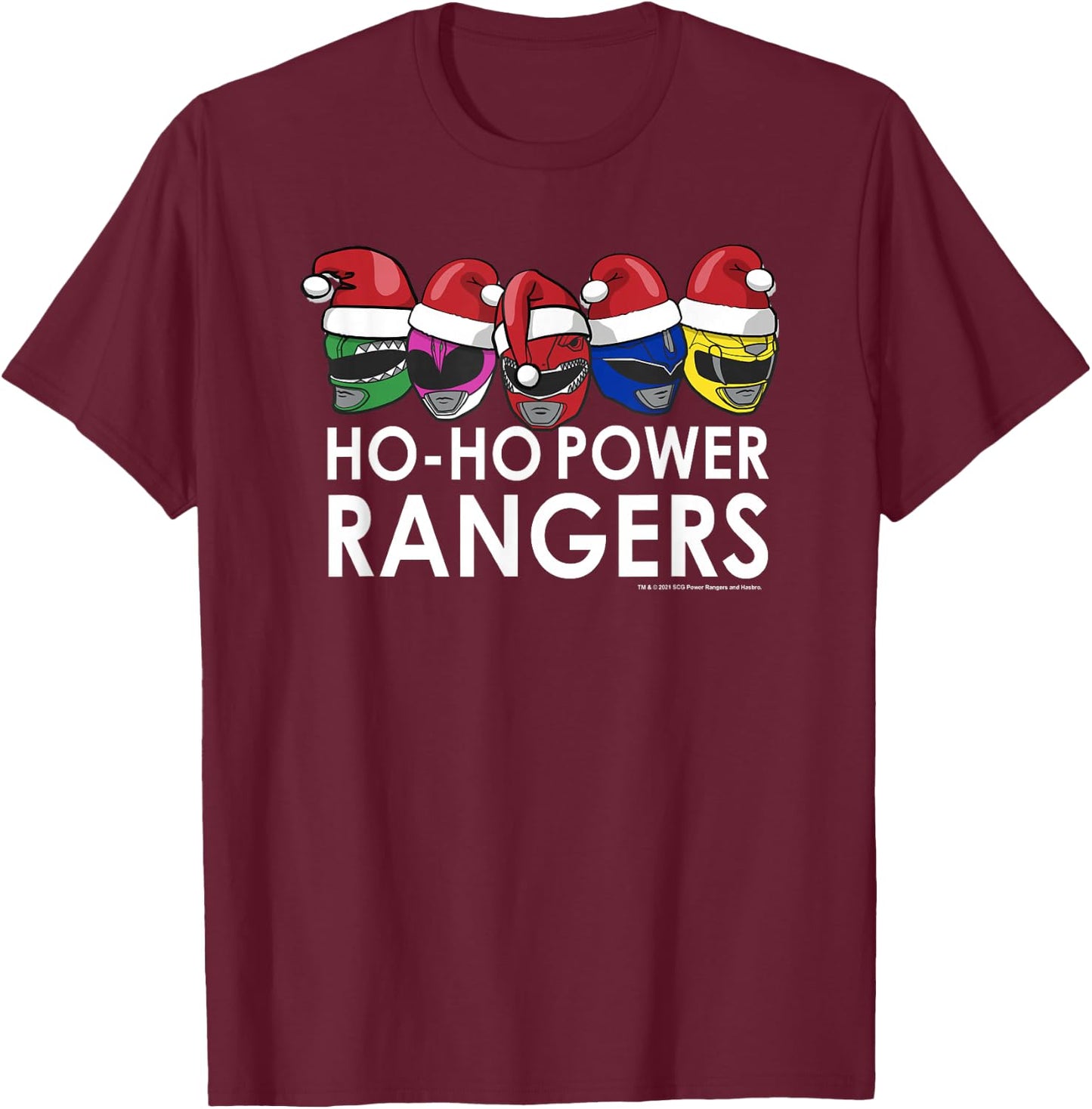 Power Rangers Christmas Group Shot Line Up Ho-Ho Rangers T-Shirt - T-Shirt | Maroon