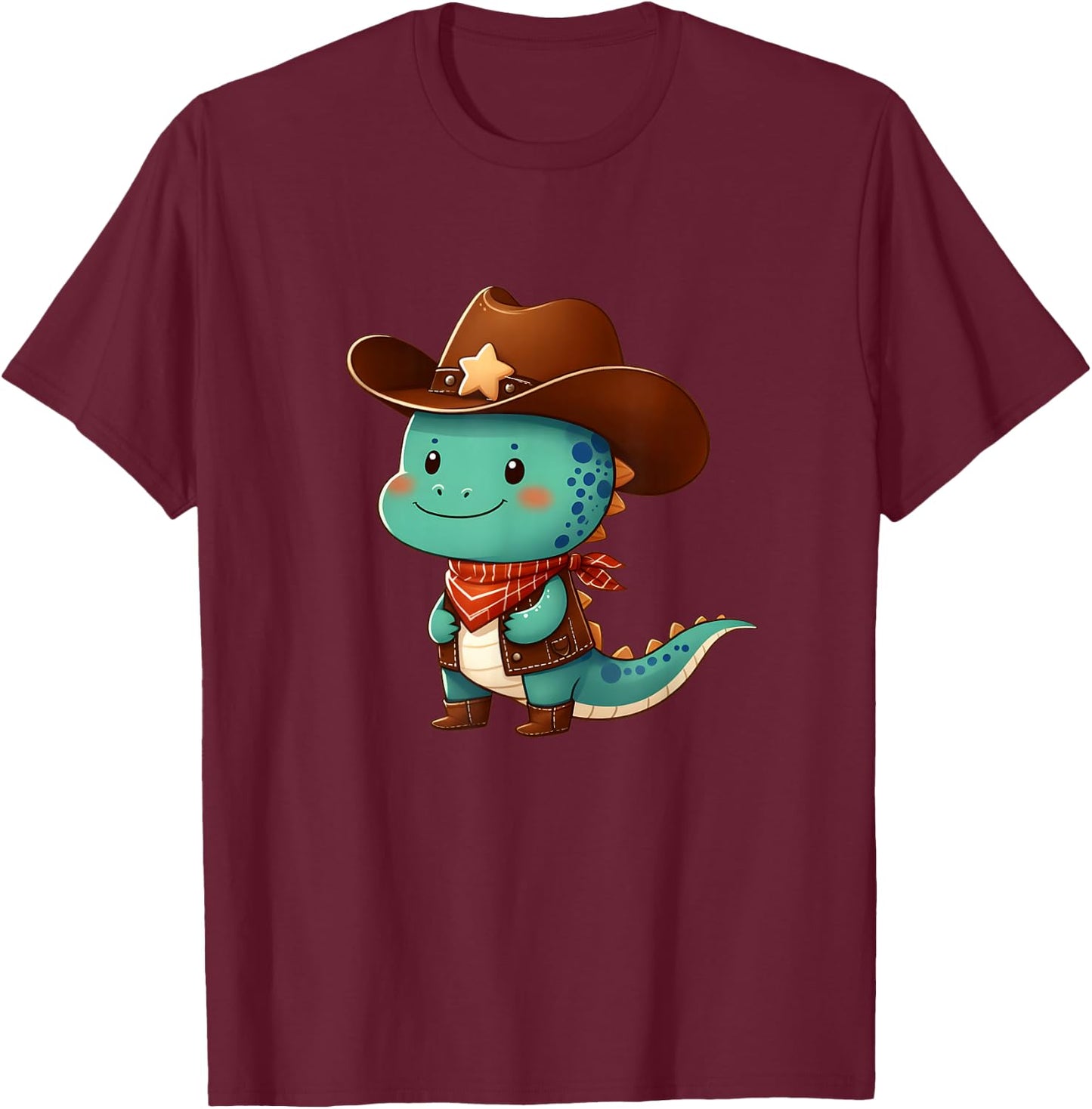 Cute Western Rodeo Dino Sheriff Costume Cowboy Dino Dinosaur T-Shirt - T-Shirt | Maroon