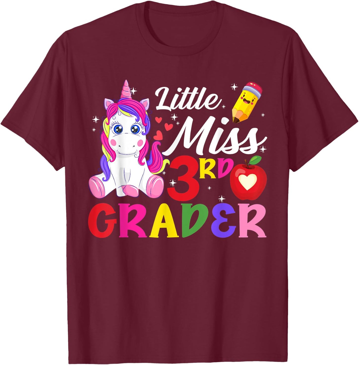 Funny Little Miss Third Grader Unicorn First Day Of School T-Shirt - T-Shirt | Maroon