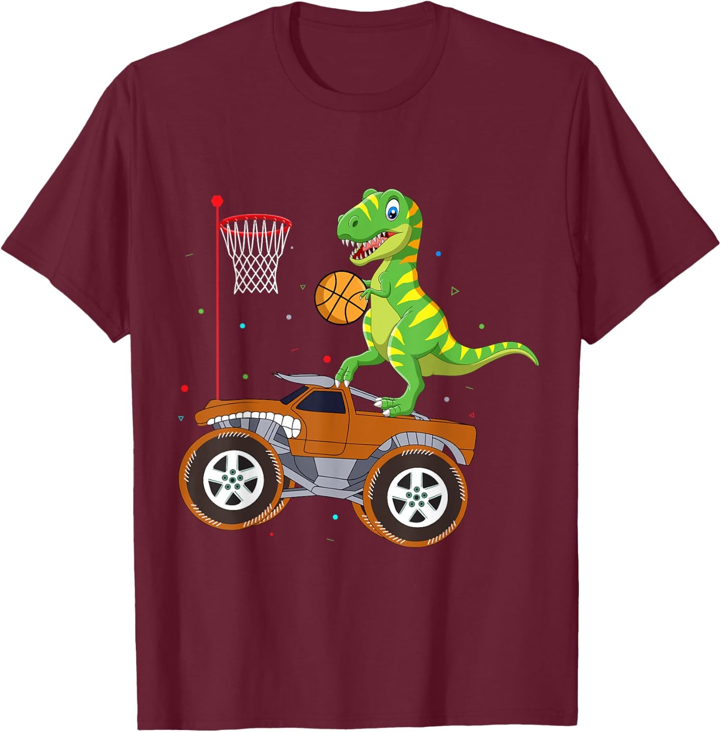 T Rex Dinosaur Playing Basketball Monster Truck Boys Girls T-Shirt - T-Shirt | Maroon
