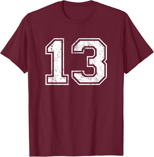 Number 13 Distressed Vintage Thirteen Sport Practice Team T-Shirt - T-Shirt | Maroon