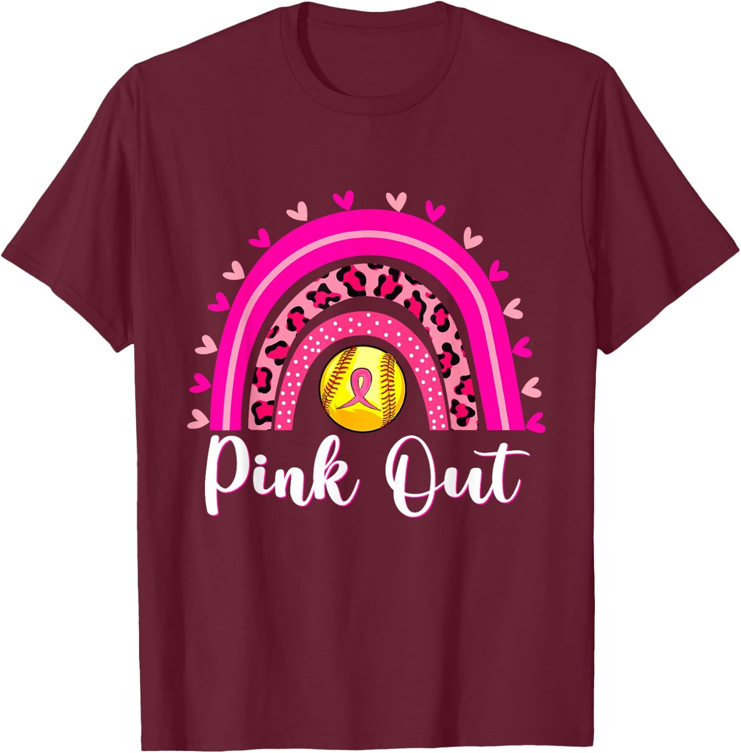 Pink Out Softball Lover Rainbow Breast Cancer Awareness T-Shirt - T-Shirt | Maroon
