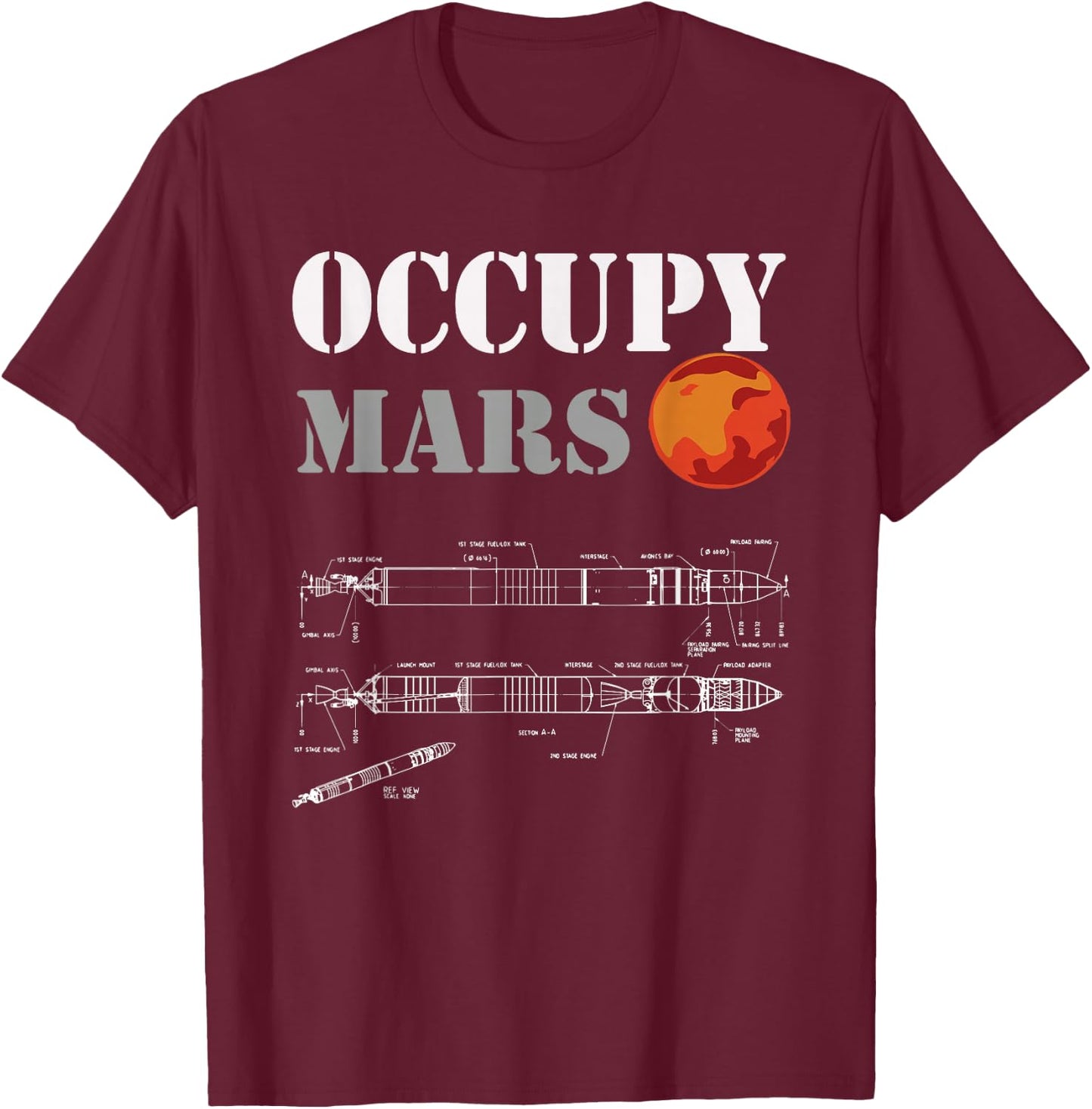 Occupy Mars - rocket blueprint Mans woman's kids T-Shirt - T-Shirt | Maroon
