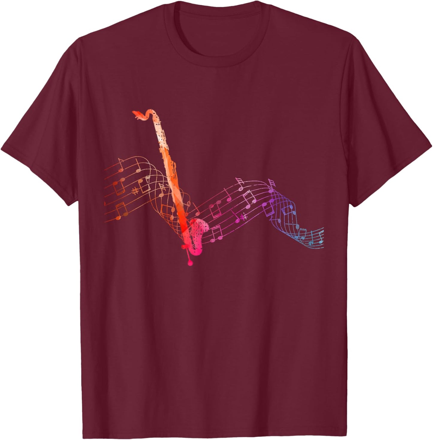 Colorful Bass Clarinet on Music Sheet Contrabass Clarinetist T-Shirt - T-Shirt | Maroon
