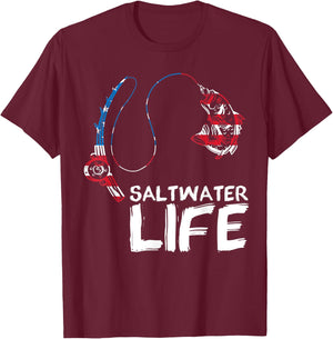 Saltwater Life US Flag Fishing Rod Bass Fishing Fish Catcher T-Shirt - T-Shirt | Maroon