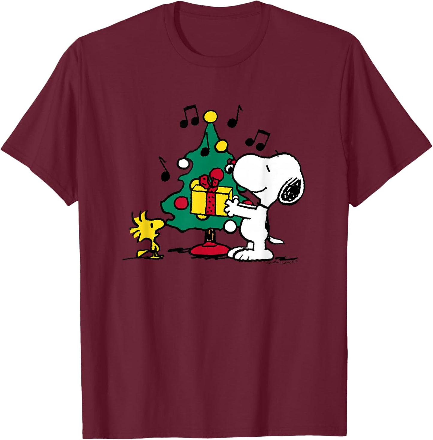 Peanuts - Snoopy & Woodstock Christmas Tree T-Shirt - T-Shirt | Maroon