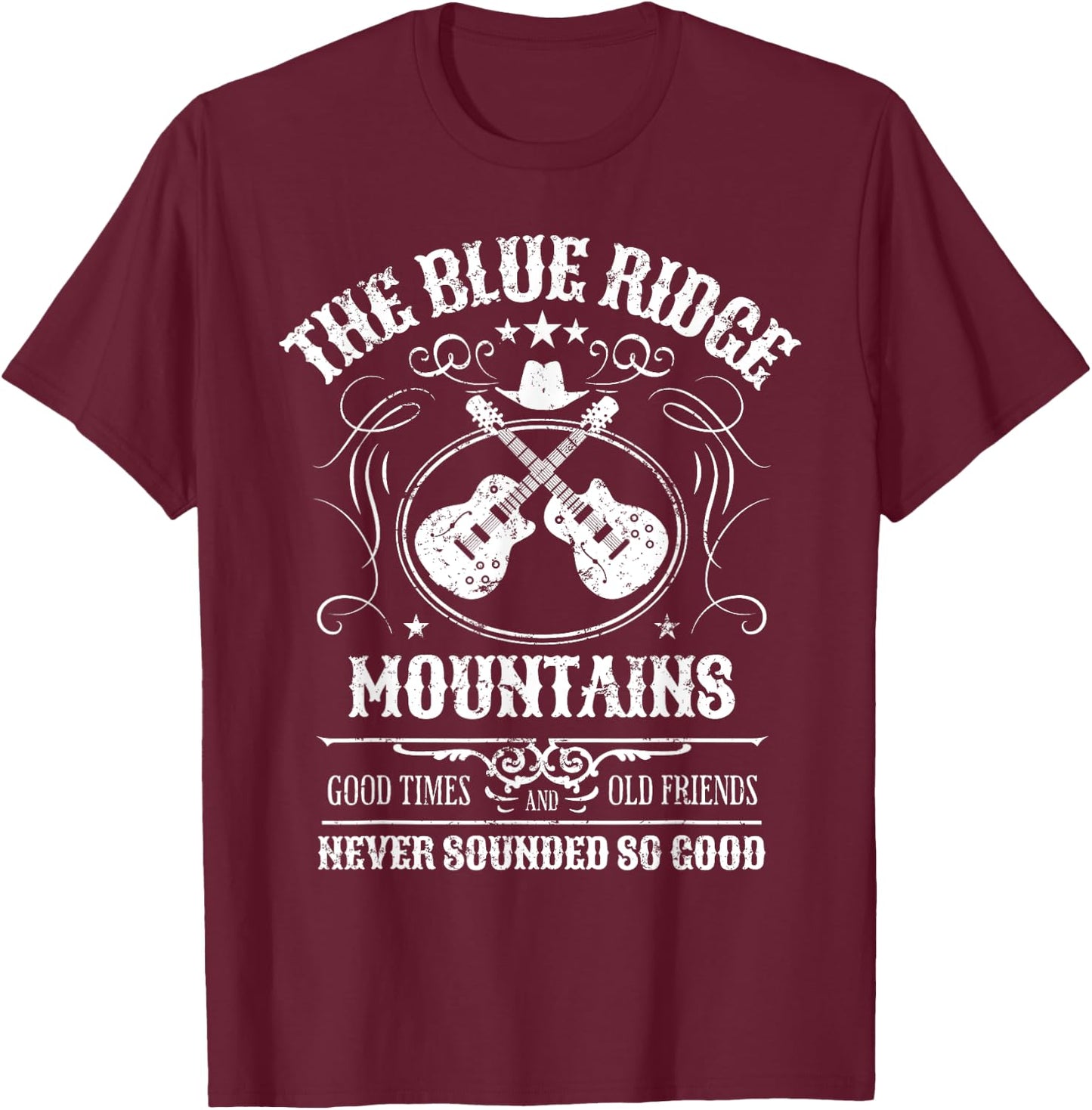 Blue Ridge Mountains with Guitars Vintage Distressed Design T-Shirt - T-Shirt | Maroon