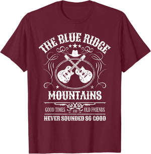 Blue Ridge Mountains with Guitars Vintage Distressed Design T-Shirt - T-Shirt | Maroon