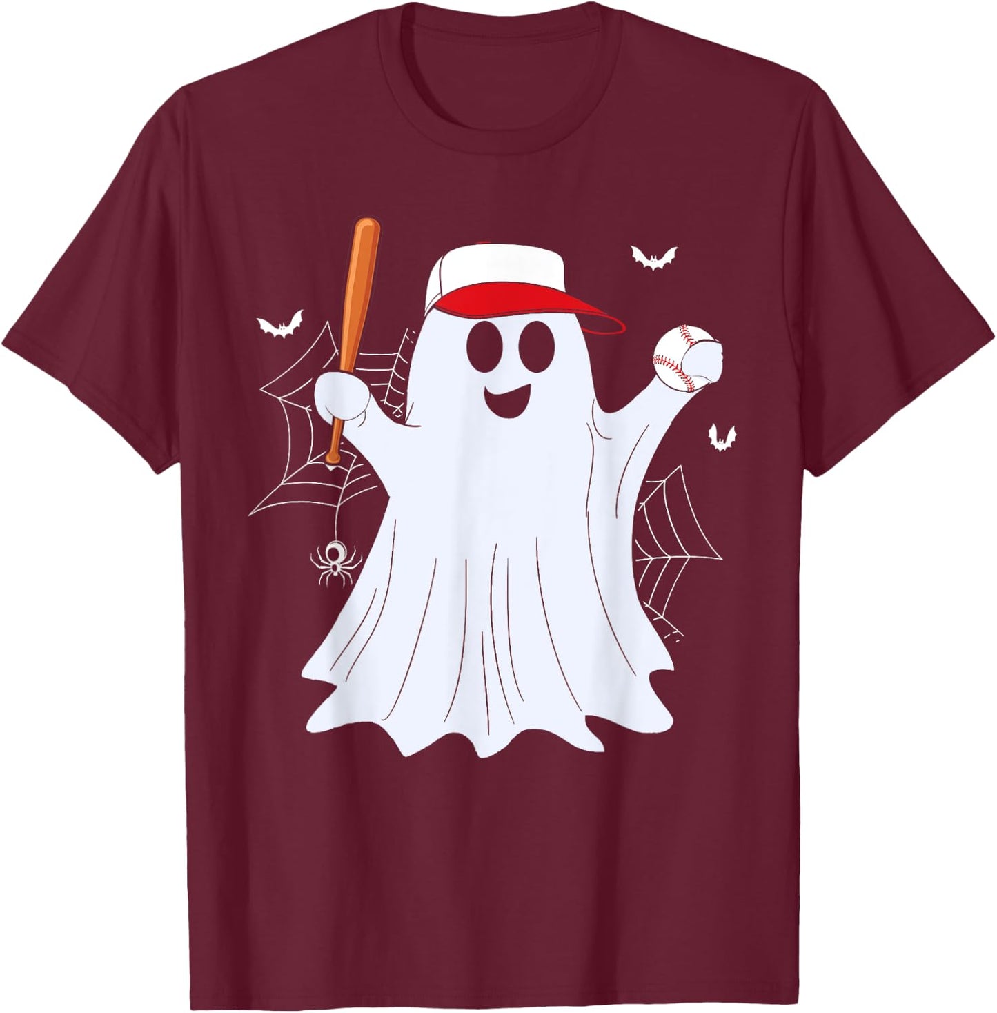 Boo Ghost Playing Baseball Funny Halloween Baseball Costume T-Shirt - T-Shirt | Maroon