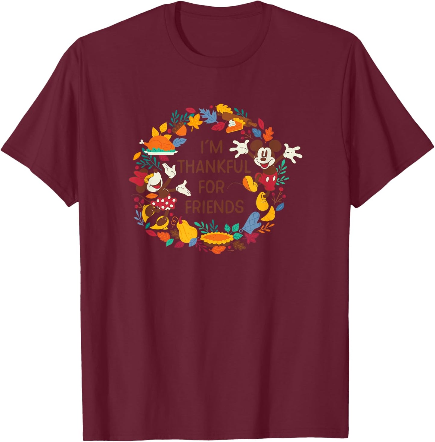 Disney Mickey & Minnie Mouse Thankful for Friends Autumn T-Shirt - T-Shirt | Maroon