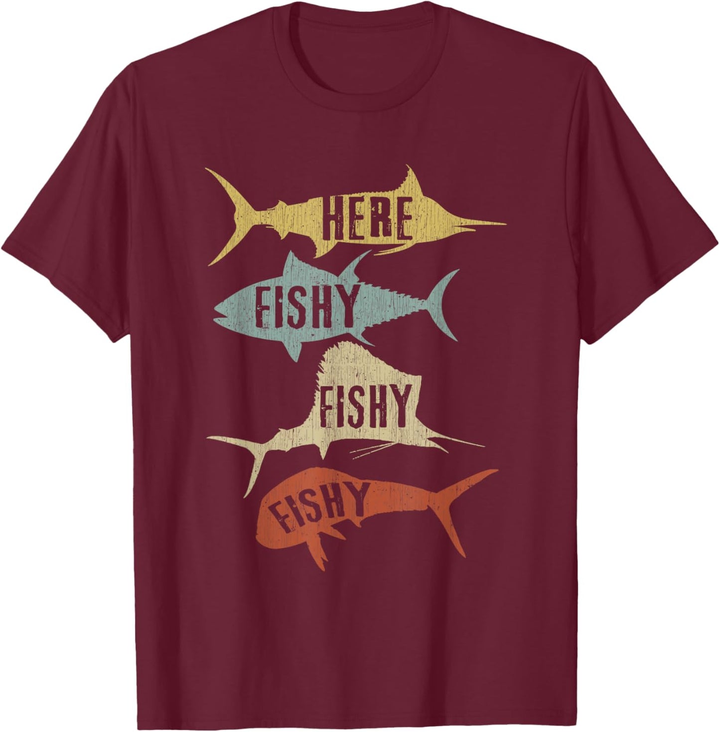 Salt Water Fishing Gift Ideas Funny Vintage Here Fishy-Fishy - Men's Black Cotton Polyester Short Sleeve - Small T-Shirt - T-Shirt | Maroon