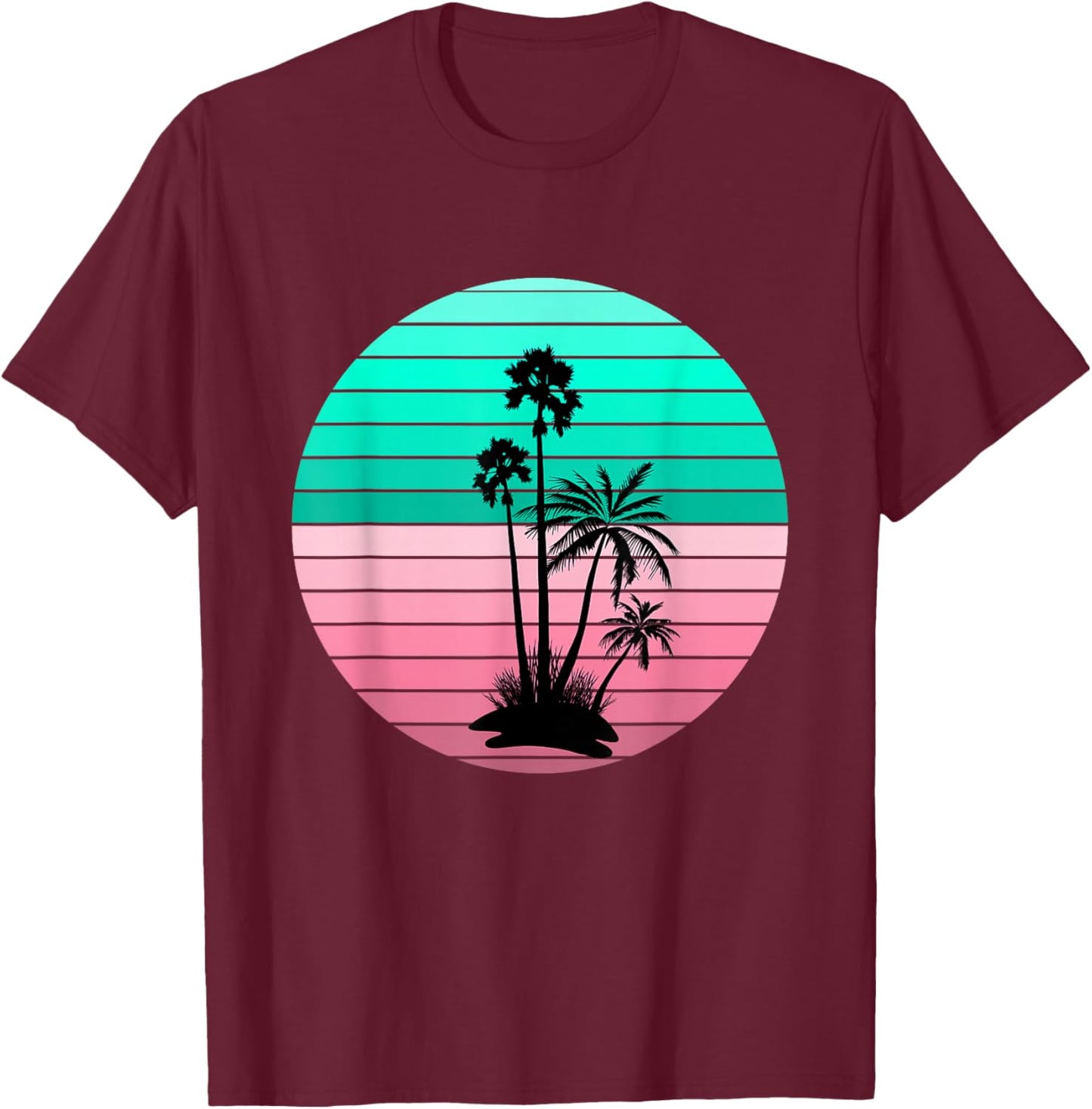 Flamingo Pink and Teal Palm Tree Sunset T-Shirt - T-Shirt | Maroon