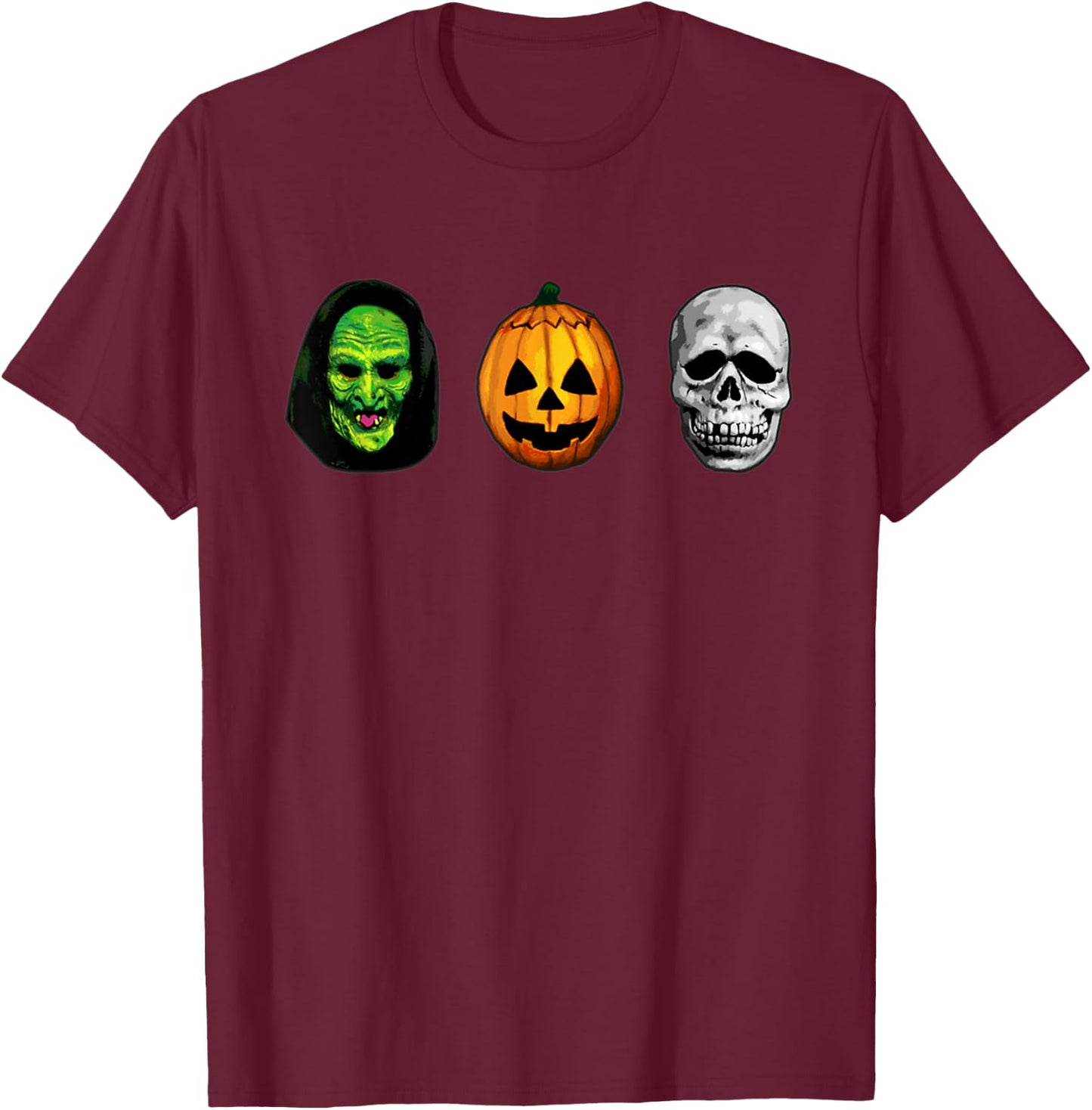 Halloween 3 masks witch pumpkin and skull Funny Gifts T-Shirt - T-Shirt | Maroon