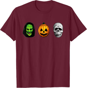 Halloween 3 masks witch pumpkin and skull Funny Gifts T-Shirt - T-Shirt | Maroon