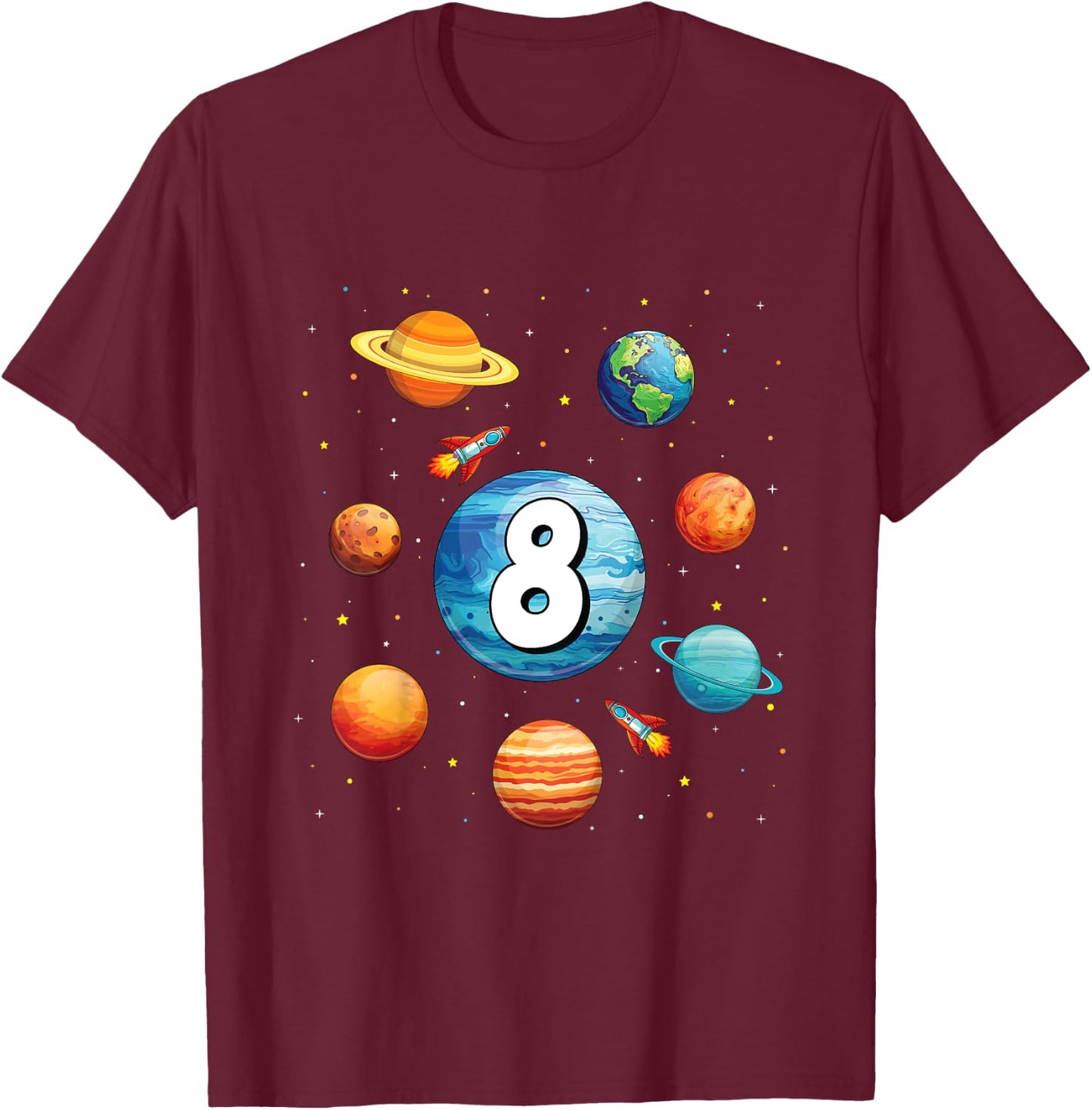 Kids 8 Year Old Shirt Boys Kids Space Solar Planets 8th Birthday T-Shirt - T-Shirt | Maroon