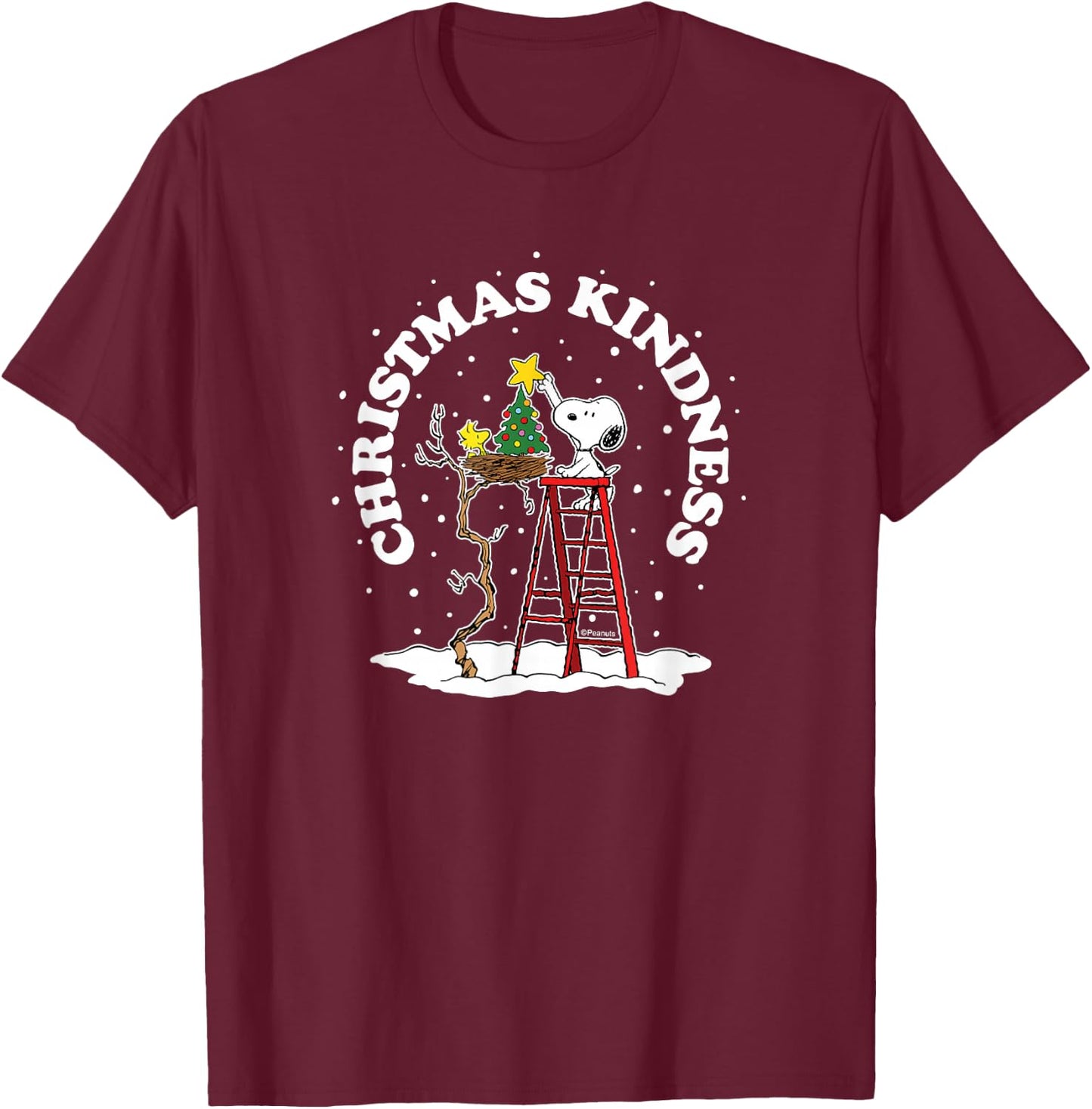Peanuts - Snoopy and Woodstock Tree Christmas Kindness T-Shirt - T-Shirt | Maroon