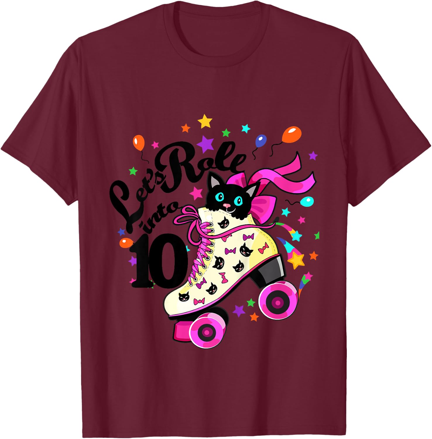 Kids 10 Year Old Birthday Shirt Girl Roller Skate Cat Bday Dress T-Shirt - T-Shirt | Maroon