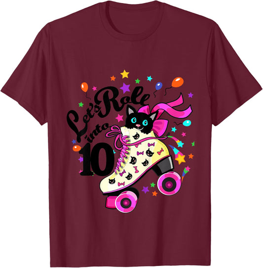 Kids 10 Year Old Birthday Shirt Girl Roller Skate Cat Bday Dress T-Shirt - T-Shirt | Maroon