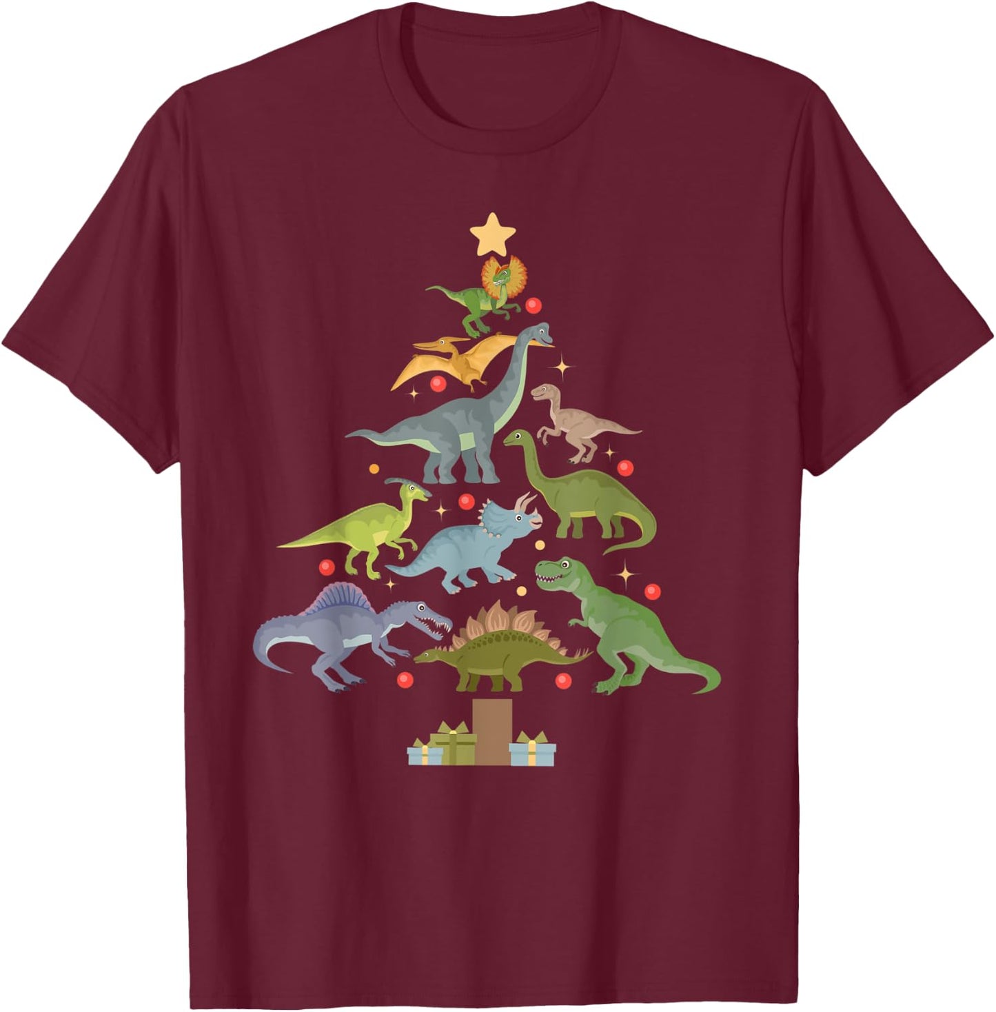 Christmas Dinosaur Tree Kids Boys Men Family Saurus Xmas T-Shirt - T-Shirt | Maroon