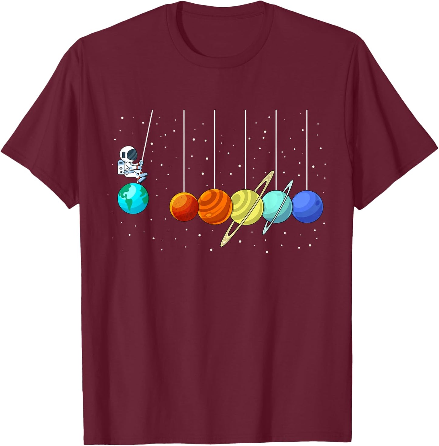 Funny Astronaut Newtons Cradle Pendulum Swing Planets Space T-Shirt - T-Shirt | Maroon