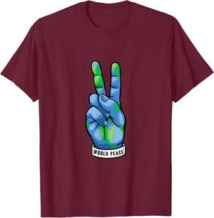World Peace Earth Day Awareness Peace Sign Hand Gesture T-Shirt - T-Shirt | Maroon