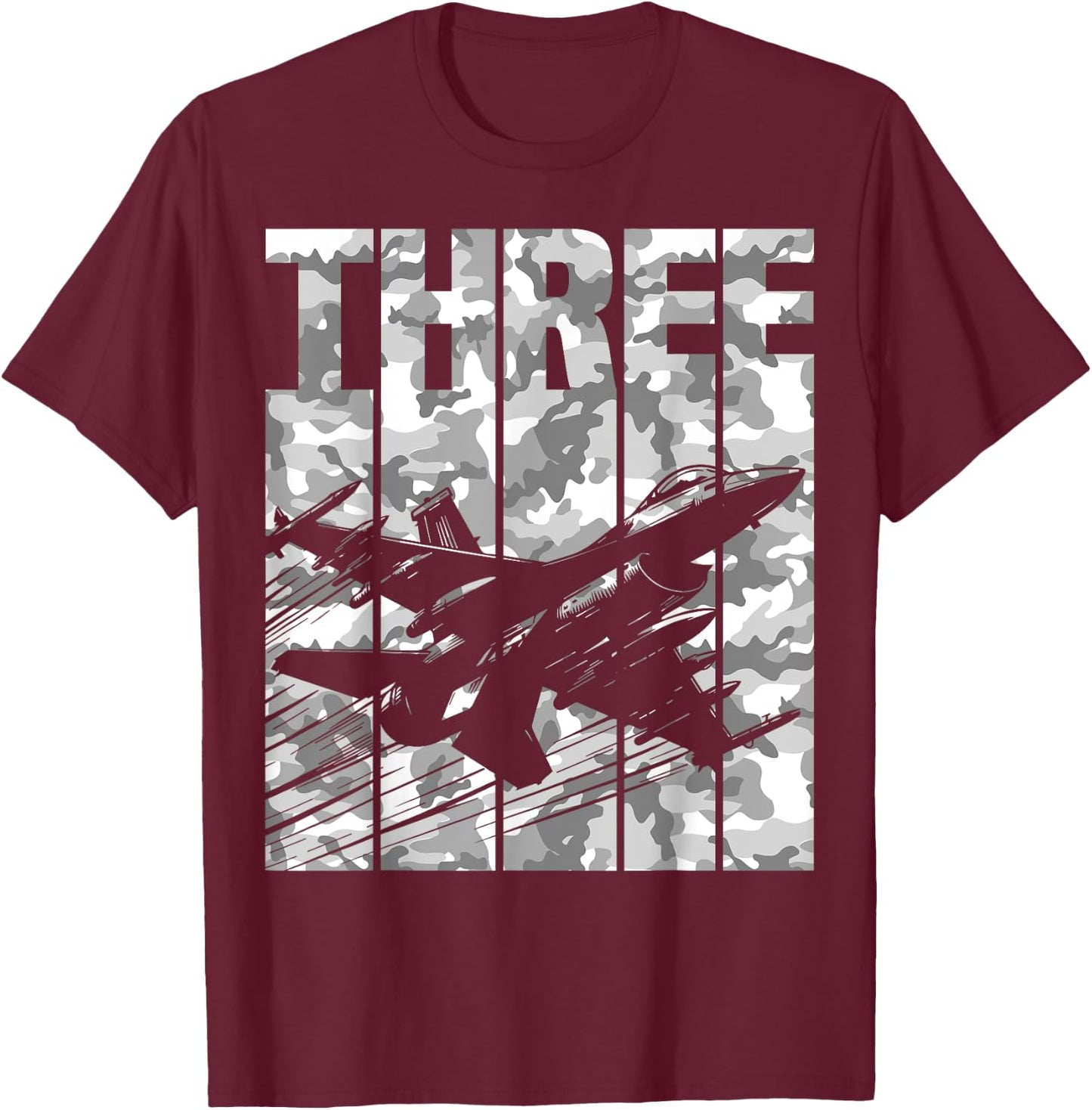 Military Fighter Jet Camo Three Year Old Boys 3rd Birthday T-Shirt - T-Shirt | Maroon