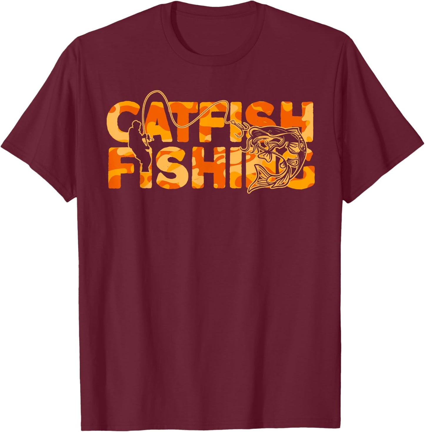 Catfish Fisherman Orange Camouflage Catfish Fishing T-Shirt - T-Shirt | Maroon