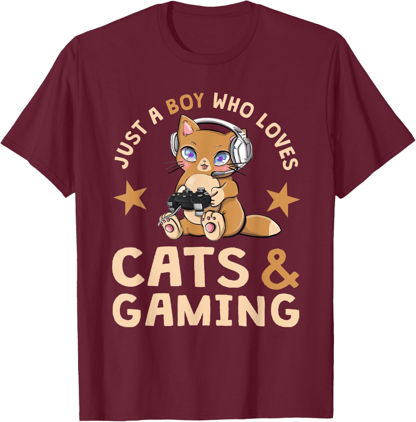 Just A Boy Who Loves Cats And Gaming Cute Gamer Cat T-Shirt - T-Shirt | Maroon