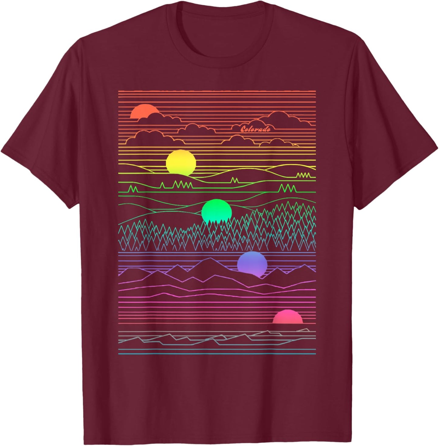Colorado Mountain Line Art 80's Colorful Colorado Gifts T-Shirt - T-Shirt | Maroon