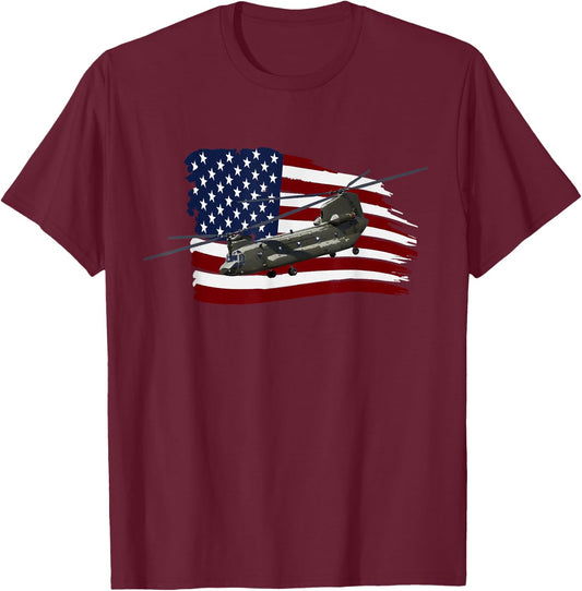 CH-47 Chinook T Shirt Helicopter US Flag T-Shirt - T-Shirt | Maroon