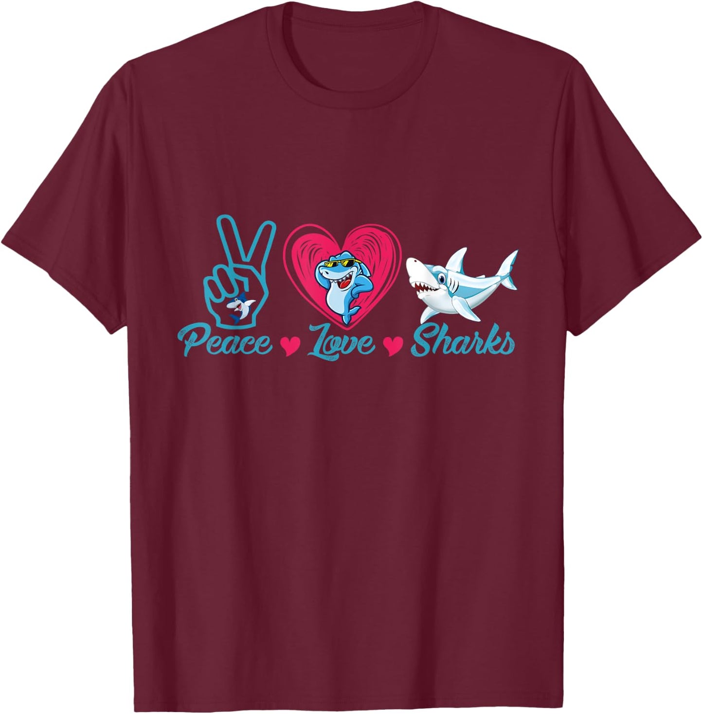 Funny Peace Love Shark Shirt Shark Lover T-Shirt - T-Shirt | Maroon