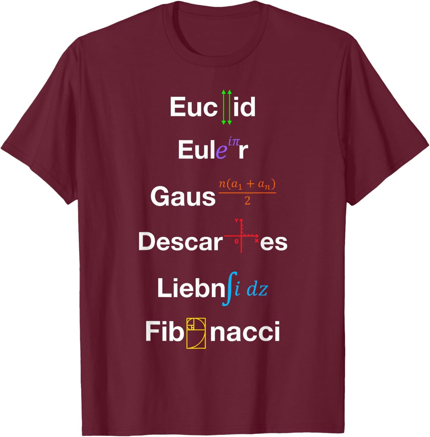 Nerdy Euclid Euler Gauss Descartes Leibniz Fibonacci Math T-Shirt - T-Shirt | Maroon
