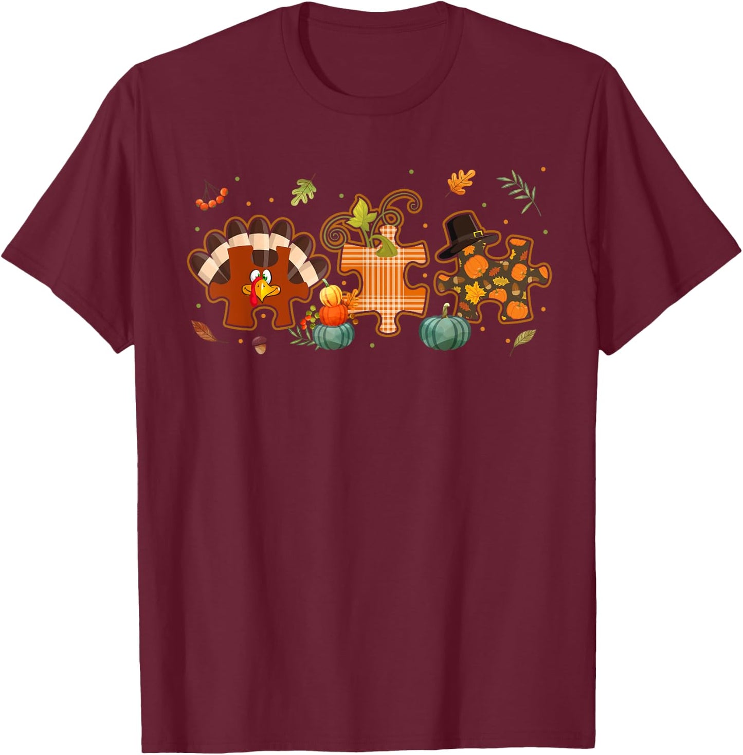 Cute Turkey Autism Awareness Puzzle Pumpkin Thanksgiving Day T-Shirt - T-Shirt | Maroon