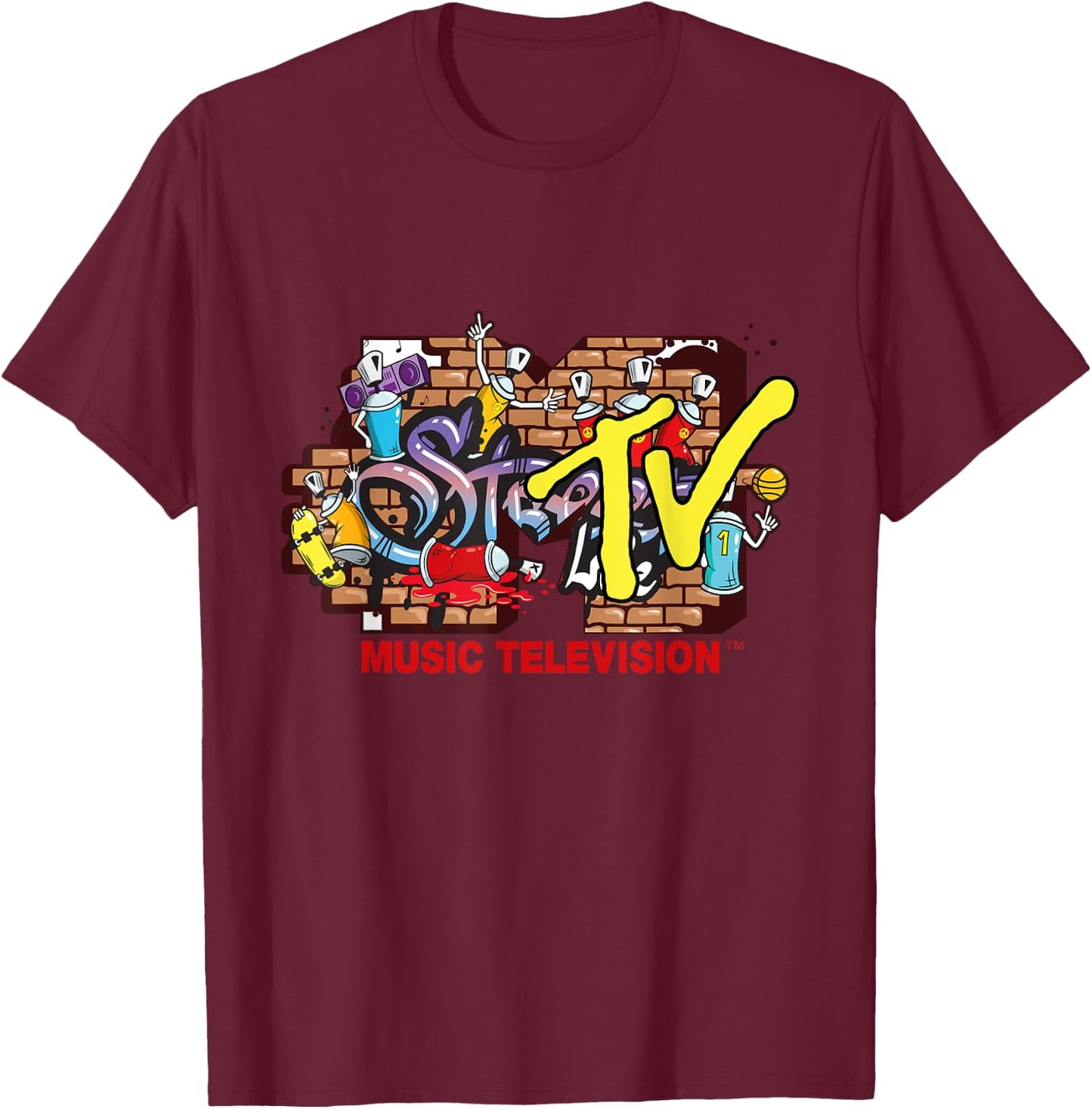 Mademark x MTV - The official MTV Logo in streetwear style with graffiti wall T-Shirt - T-Shirt | Maroon