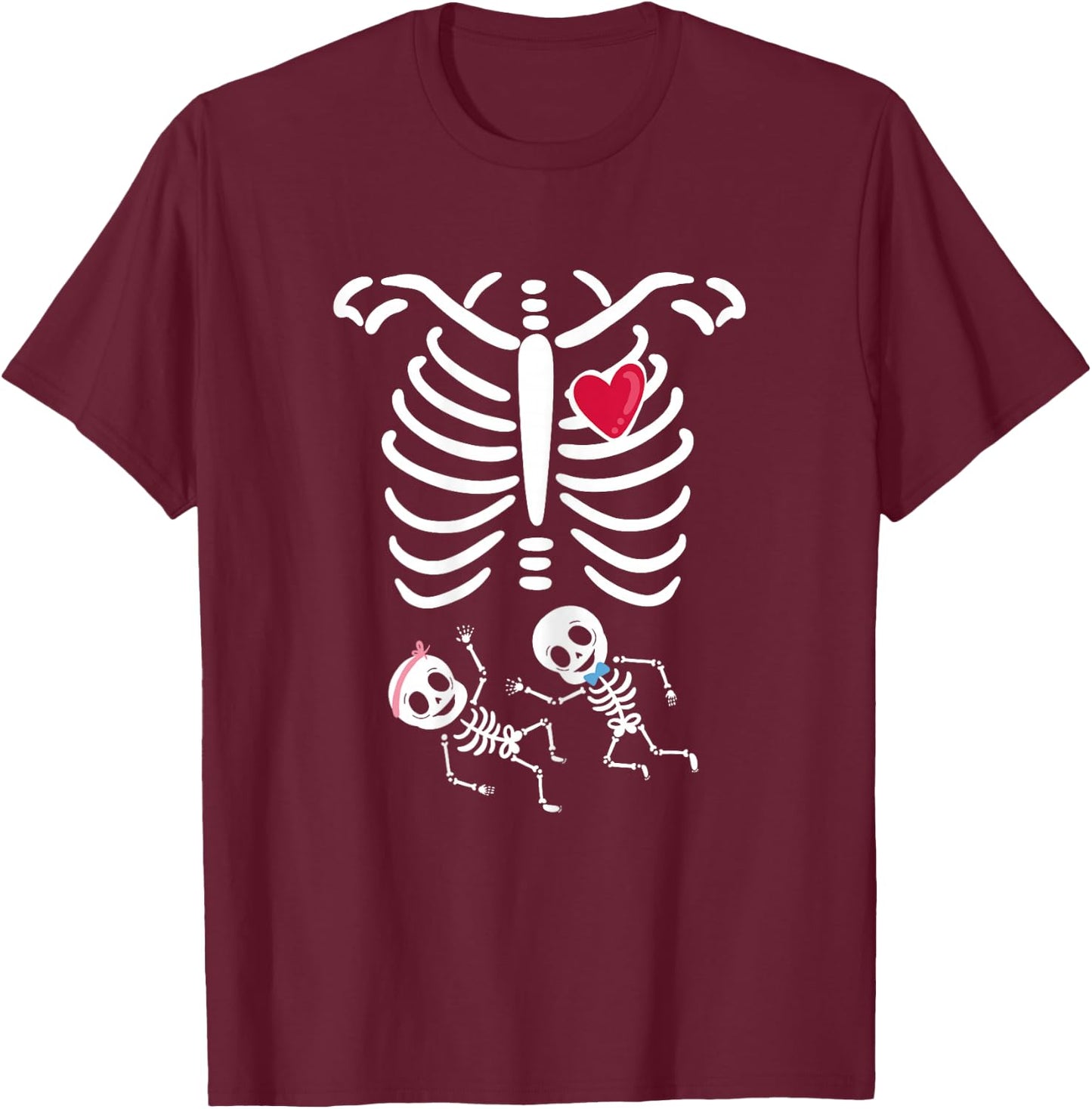 Skeleton Twin Pregnancy Halloween T-Shirt - T-Shirt | Maroon