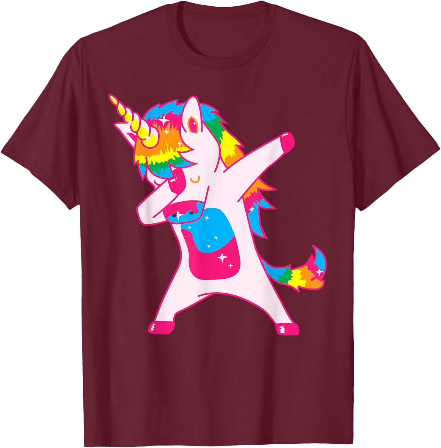 Unicorn Dancing: Pink Fluffy Unicorns Dancing On Rainbows T-Shirt - T-Shirt | Maroon
