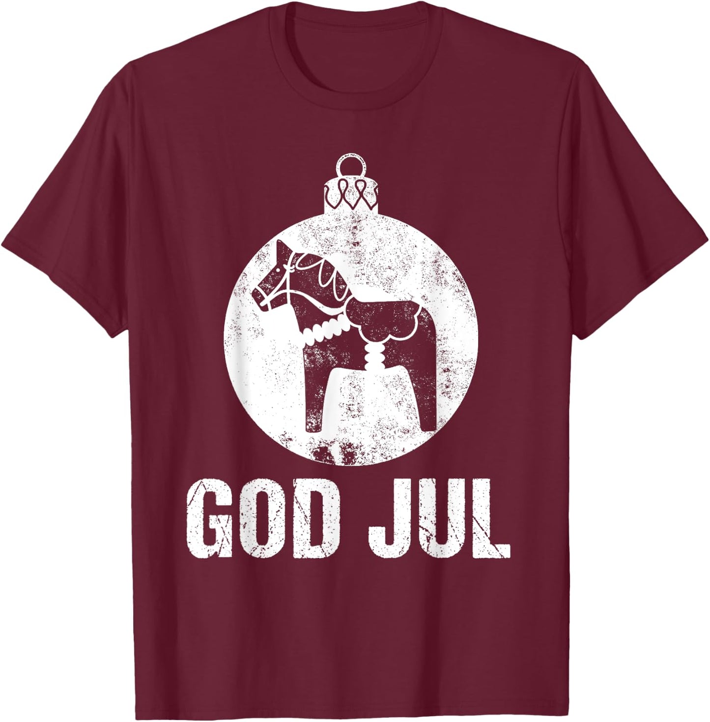 Christmas Scandinavian Dala Horse Ornament God Jul Vintage T-Shirt - T-Shirt | Maroon