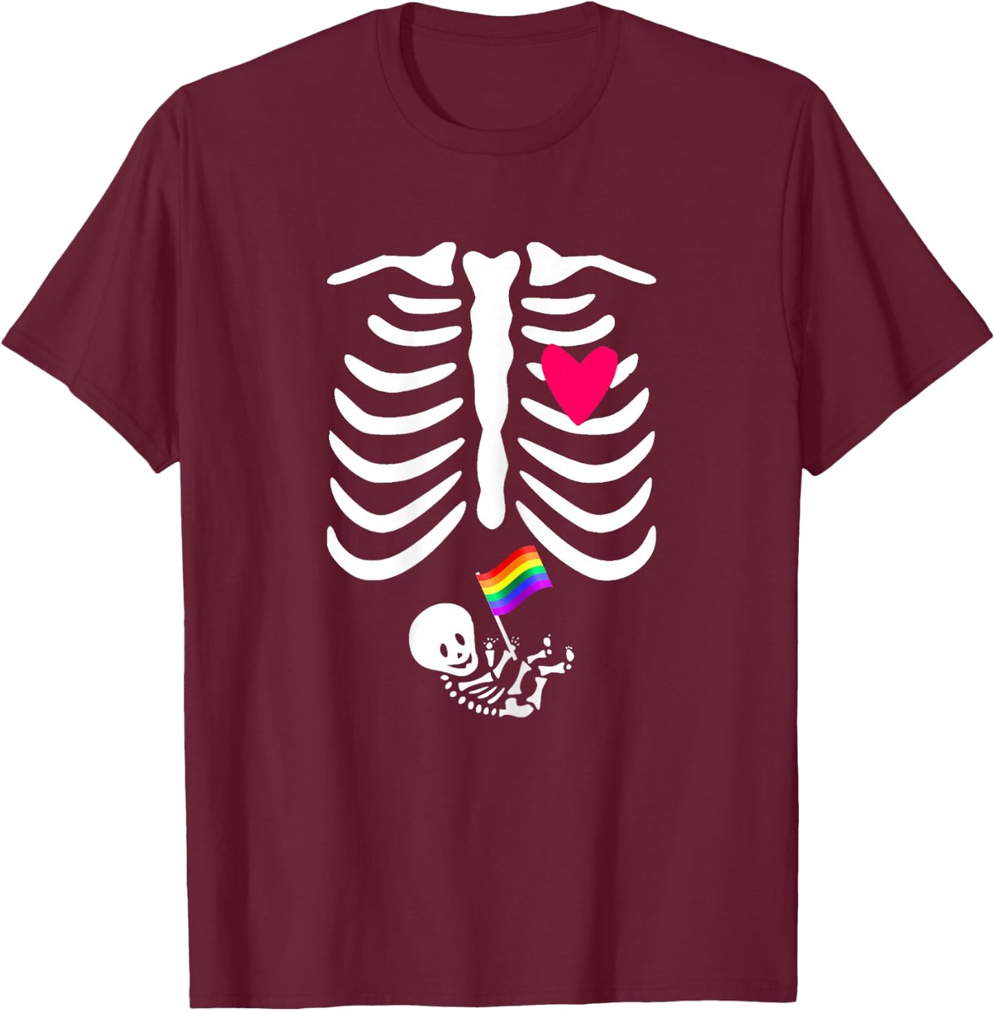 Halloween Lesbian Pregnancy Pride Baby Pregnant Skeleton T-Shirt - T-Shirt | Maroon