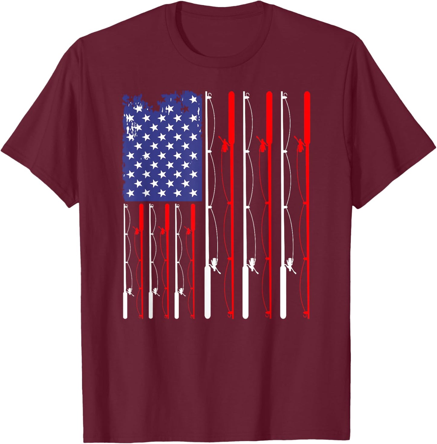 American Flag Fishing Rod Fishing Lover T-Shirt - T-Shirt | Maroon