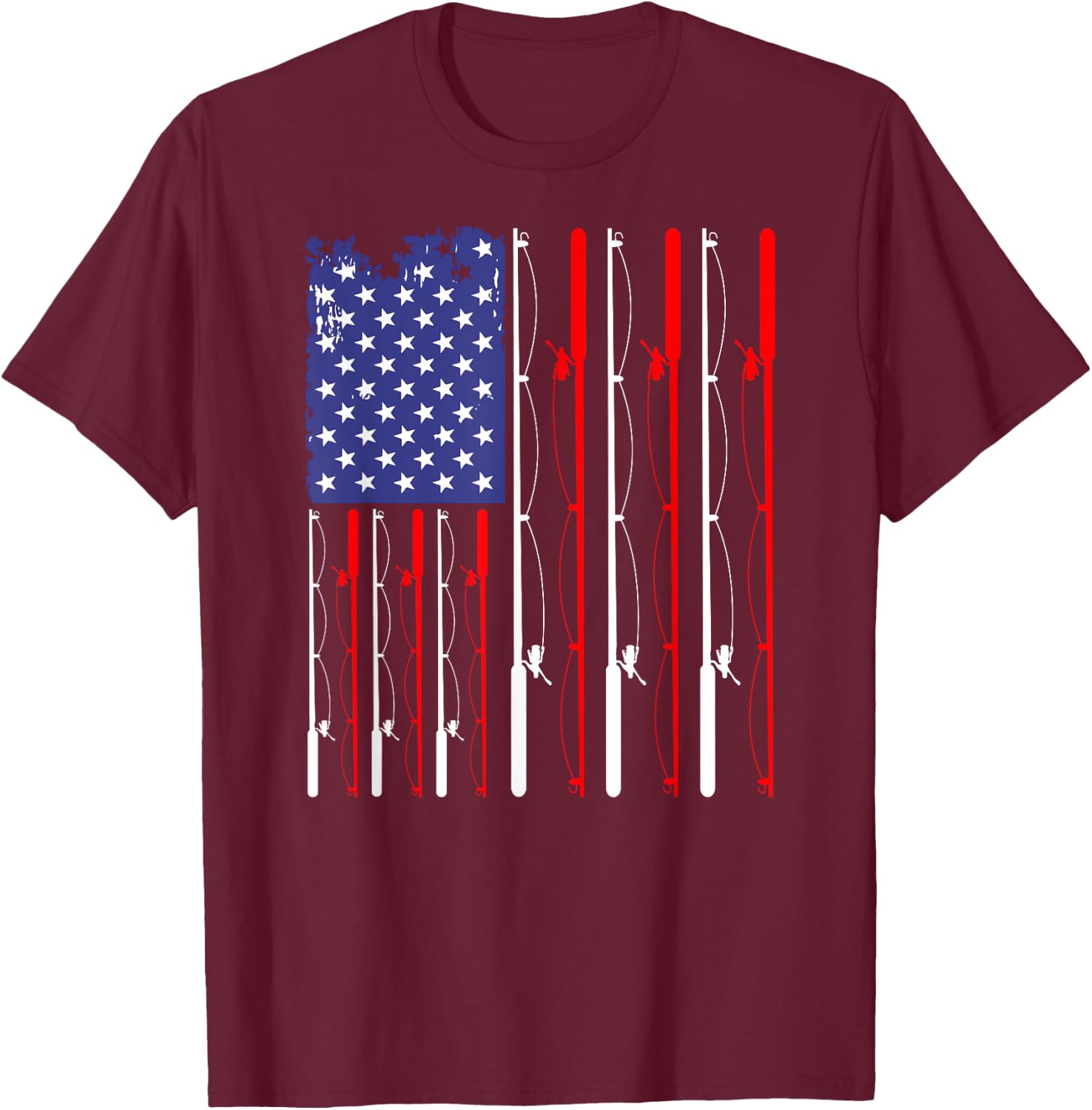 American Flag Fishing Rod Fishing Lover T-Shirt - T-Shirt | Maroon