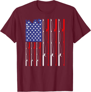 American Flag Fishing Rod Fishing Lover T-Shirt - T-Shirt | Maroon