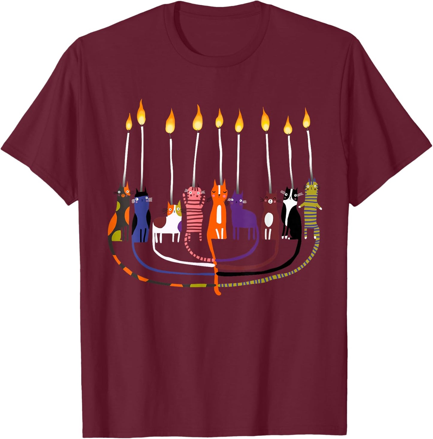 Funny Cat Menorah Hanukkah T-Shirt - T-Shirt | Maroon