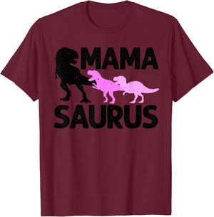 Funny Mama Saurus Gift Mommy Dinosaur Mom Of Twins Women T-Shirt - T-Shirt | Maroon