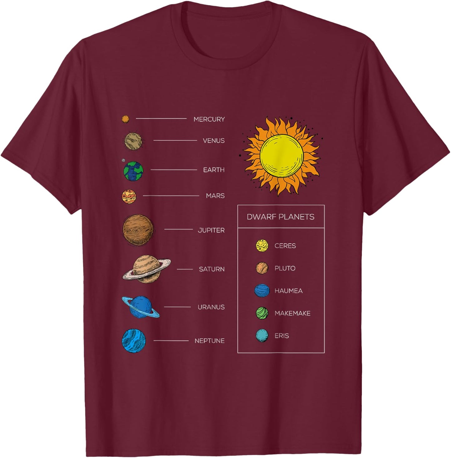 Solar-System Kids and Adults Dwarf Planets Education Graphic T-Shirt - T-Shirt | Maroon