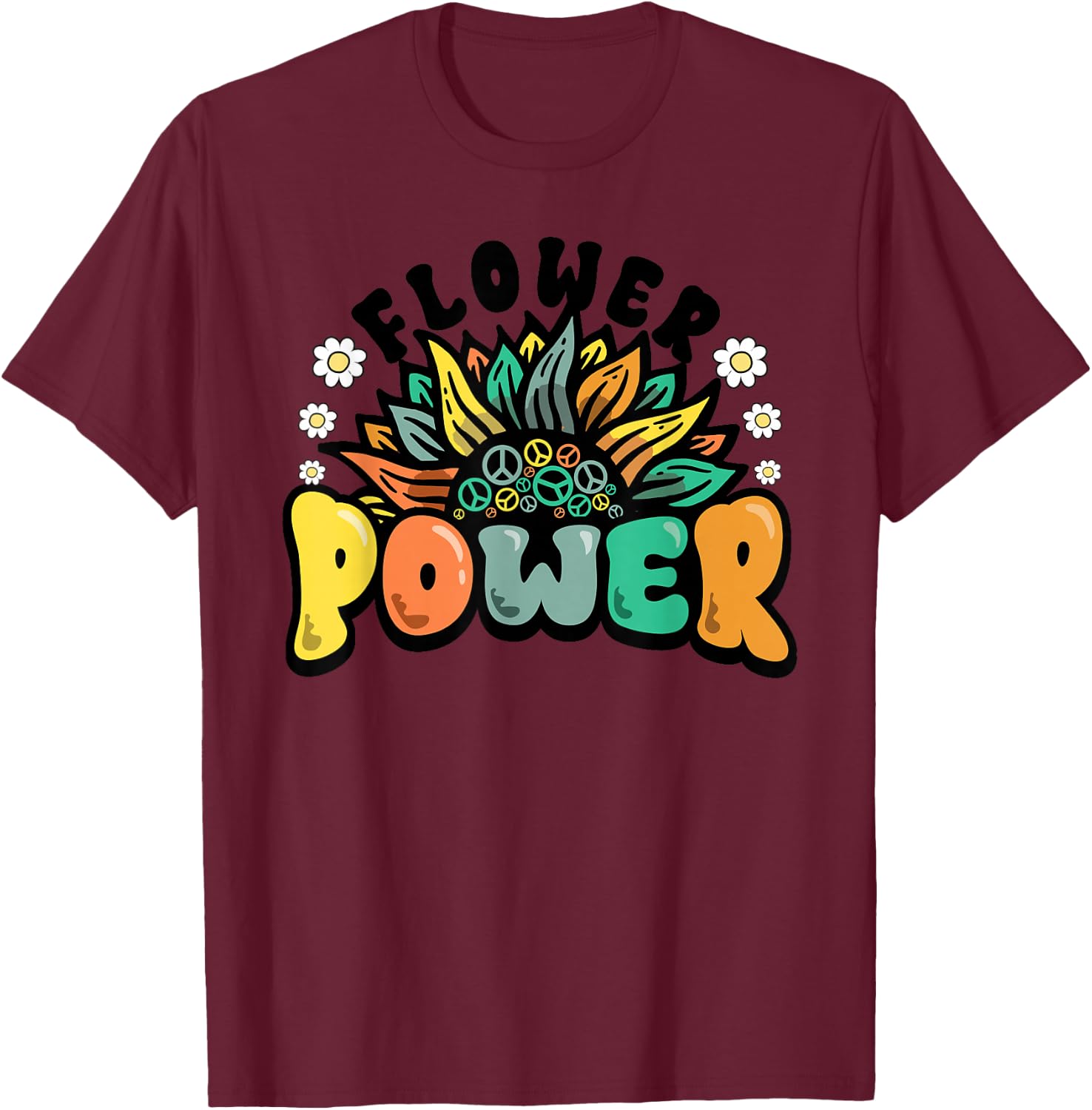 Flower Power Peace Symbol Sunflower Retro 60s 70s T-Shirt - T-Shirt | Maroon