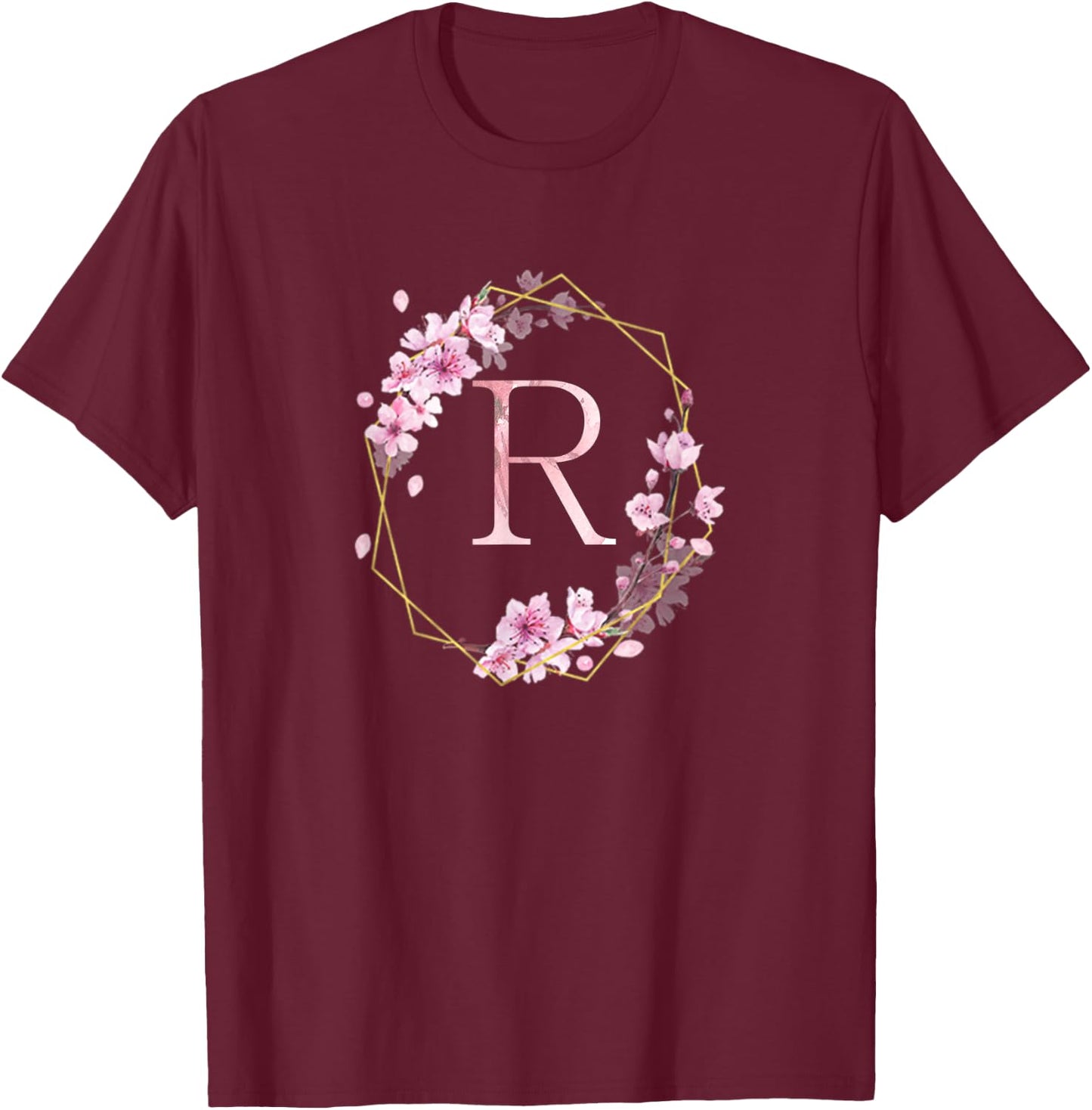Cherry Blossom Floral Monogram Initial Letter R T-Shirt - T-Shirt | Maroon
